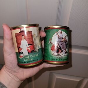 vintage Norman Rockwell Harmony Bay coffee cans, featuring "Hazelnut Crème"
